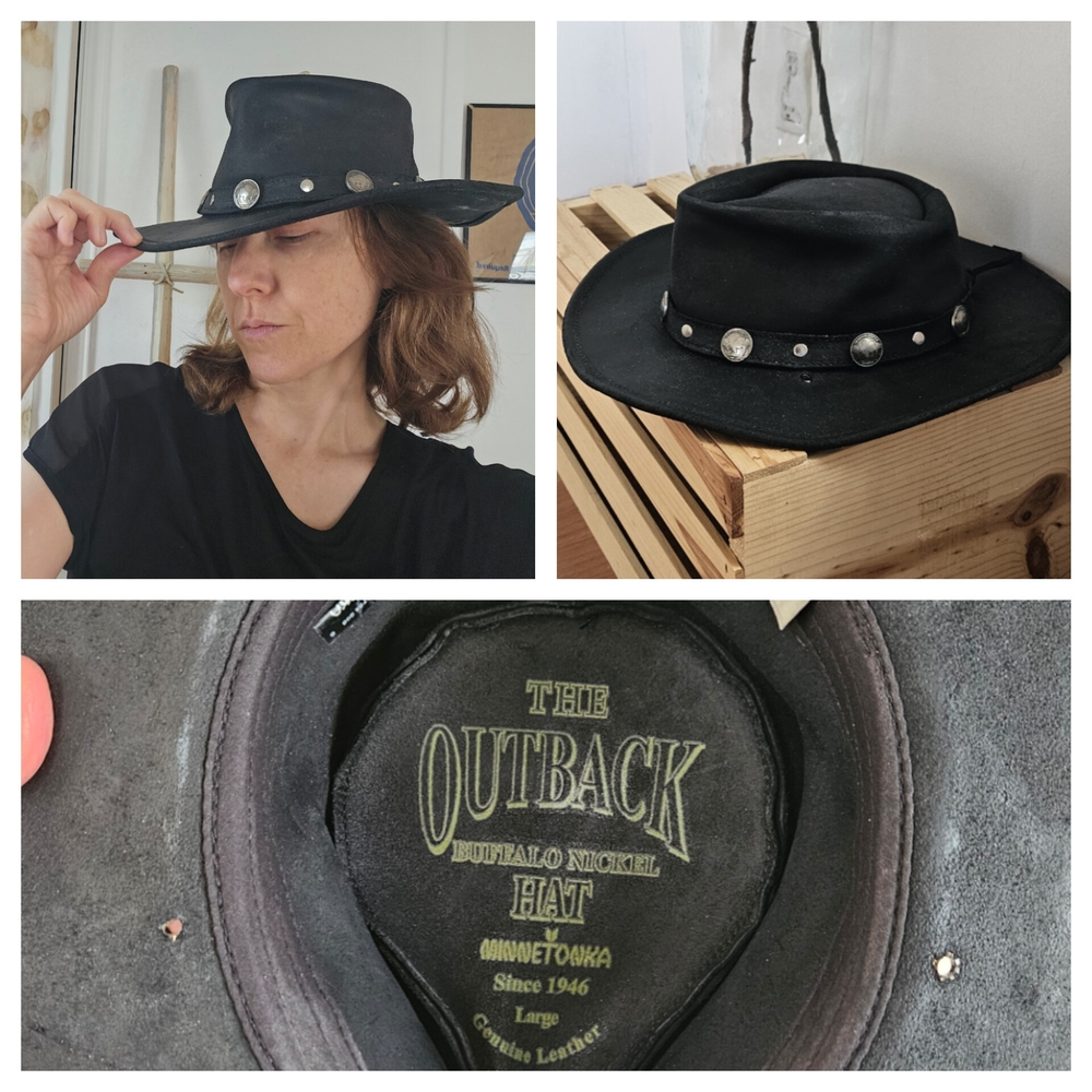 Refurbed Black Leather Minnetonka Outback Buffalo Nickel Hat Large Unisex
